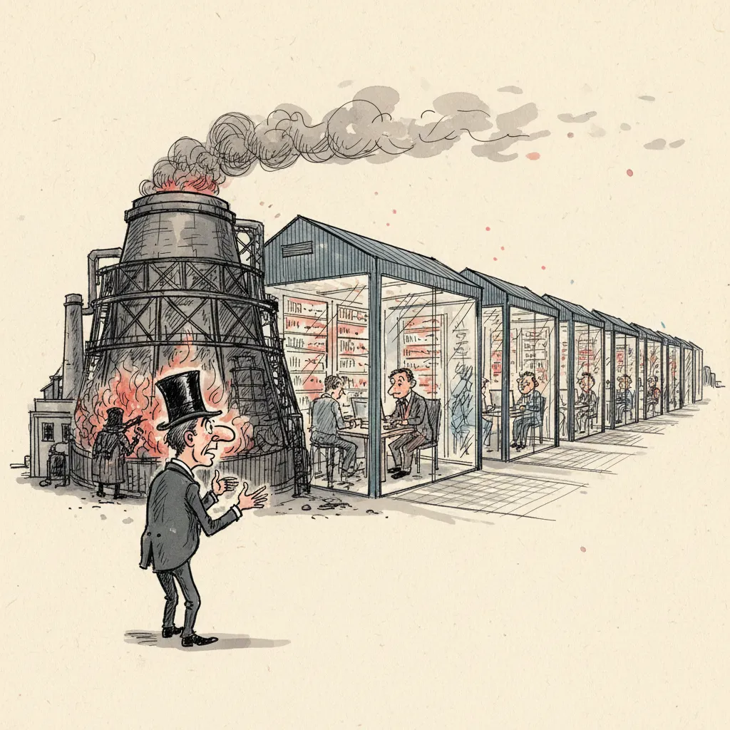 On the left a Victorian ironworks with a single great coal furnace and a top-hatted figure, drawn as on-the-scene reportage; the furnace then repeated and multiplying rightward across the page into a 