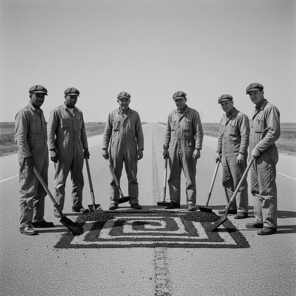 A 1952 American highway road crew of six men in baggy gray work uniforms (two Black men in their thirties, one Latino man in his fifties, three white men in their twenties to forties) standing on a pe