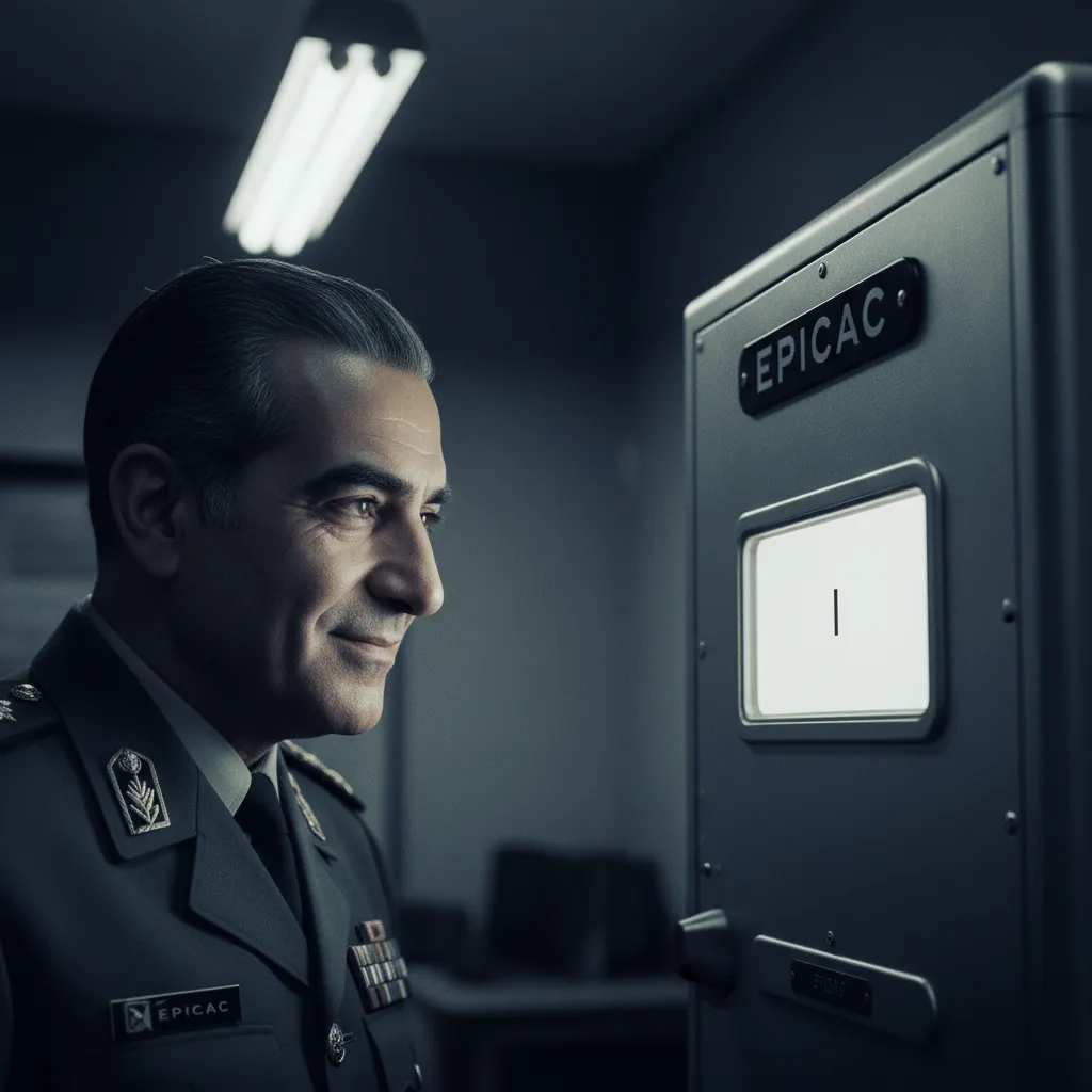 Cinematic close-up of the Shah looking at the silent EPICAC. On the cabinet's front panel, in place of the dark indicator lamps, a single 2026 search-engine cursor blinks slowly — a thin black vertica