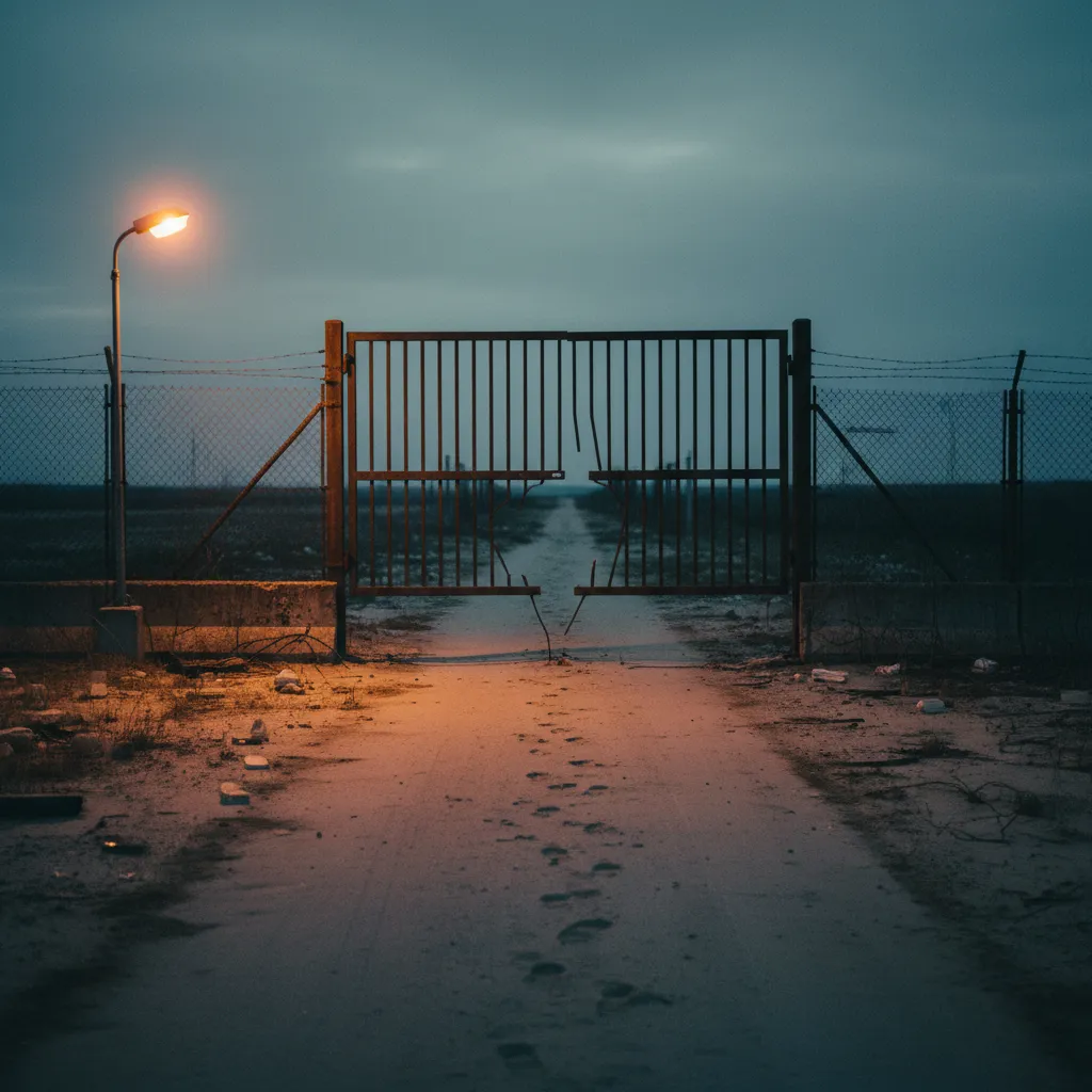 A wide cinematic photograph of an empty Zone-perimeter checkpoint at dusk, the gate cut open at its base. A faint trail of footprints in the dust leads from the camera position toward the dark interio