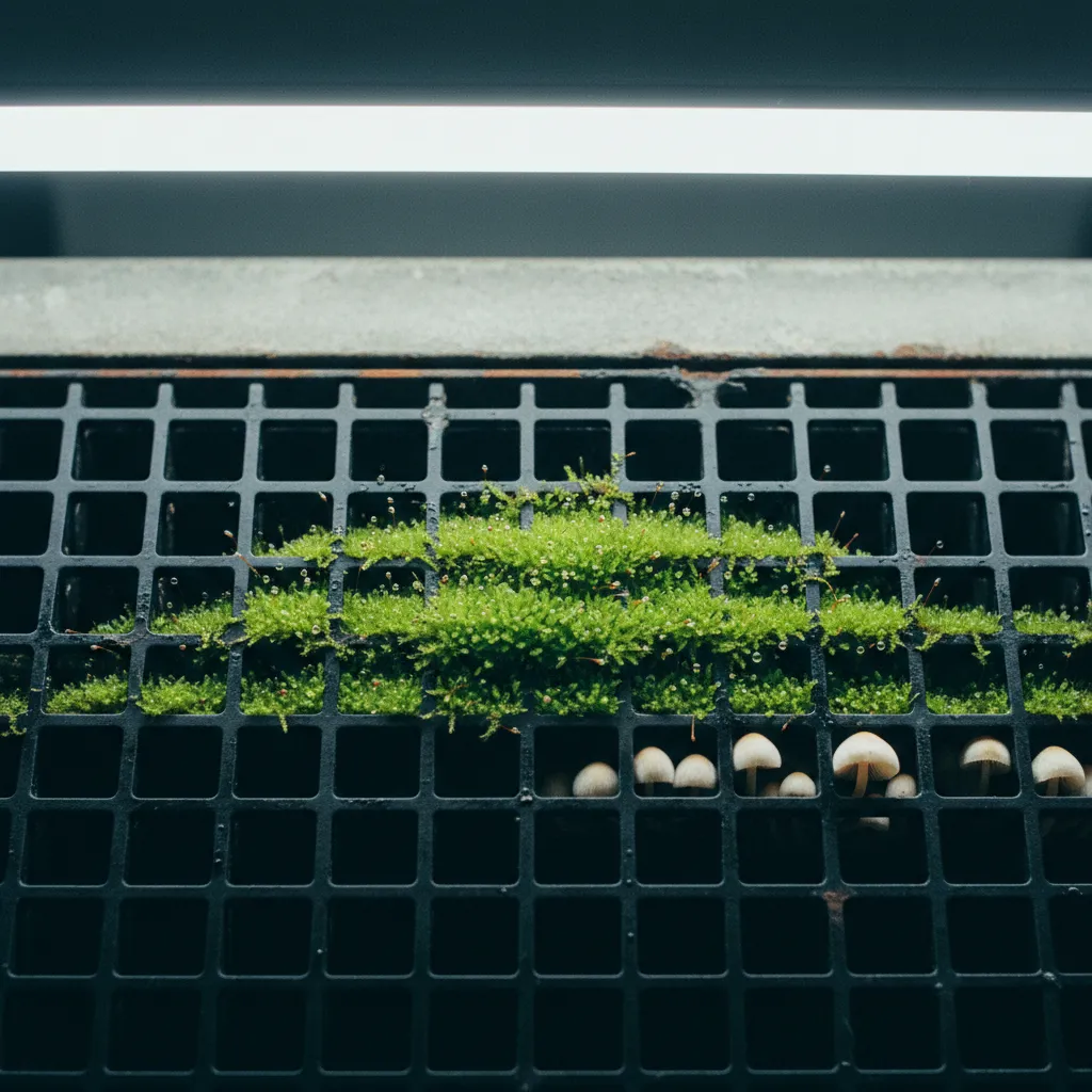 A macro photograph of soft moss growing on the surface of a server-rack ventilation grille, the green of living plant matter against the matte black of the steel. The moss is healthy and clearly alive