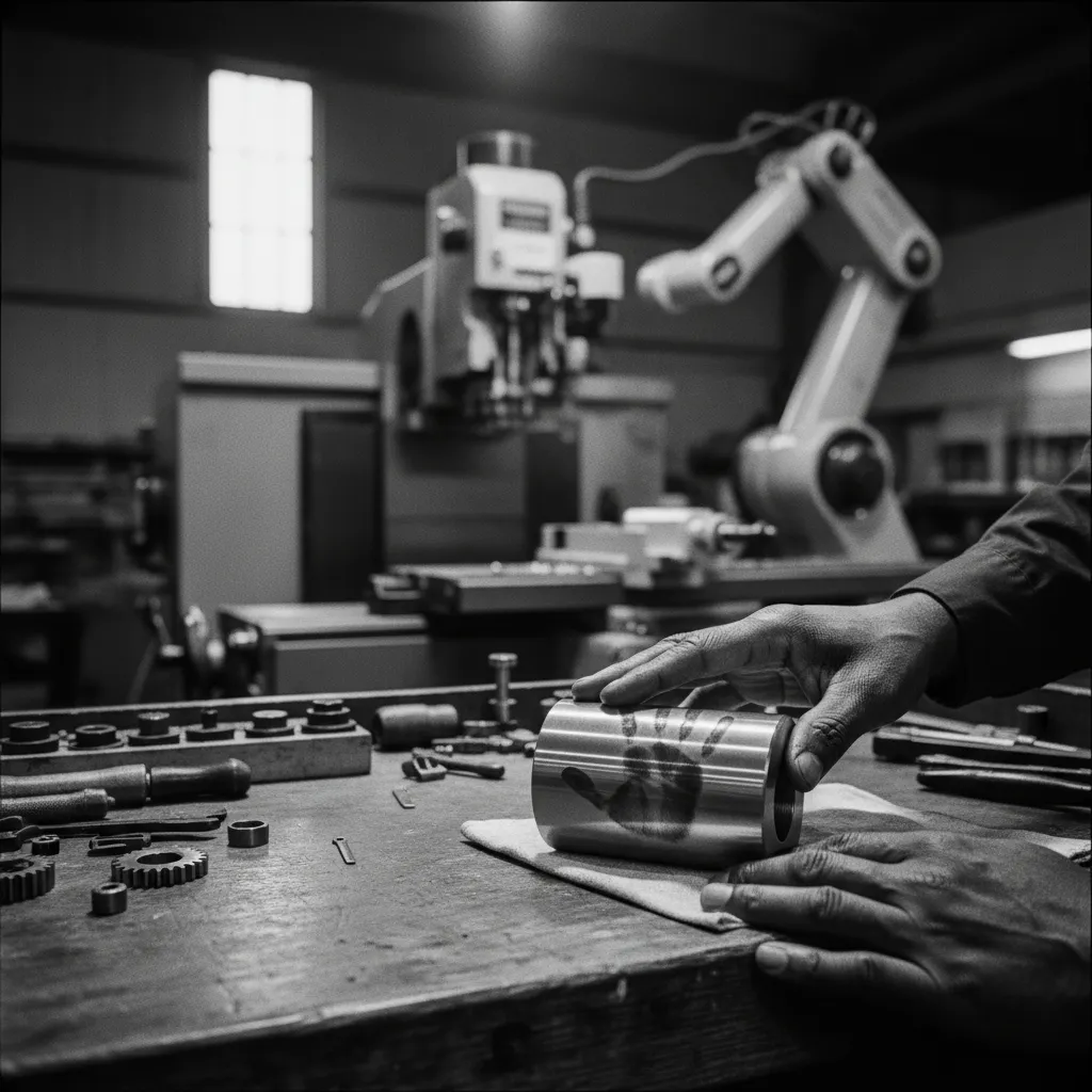 Cinematic close-up, archival B&W, of the Black master machinist's hands resting on the workbench beside the machine that replaced him. His hands carry the dignity of decades of craft; the bench around
