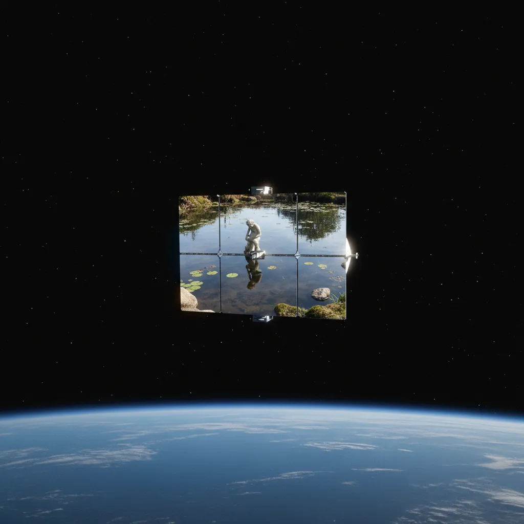 A wide cinematic photograph of a single Starlink-class mirror-satellite at low Earth orbit, photographed against the curve of Earth — but the satellite's polished panel is reflecting the surface of an