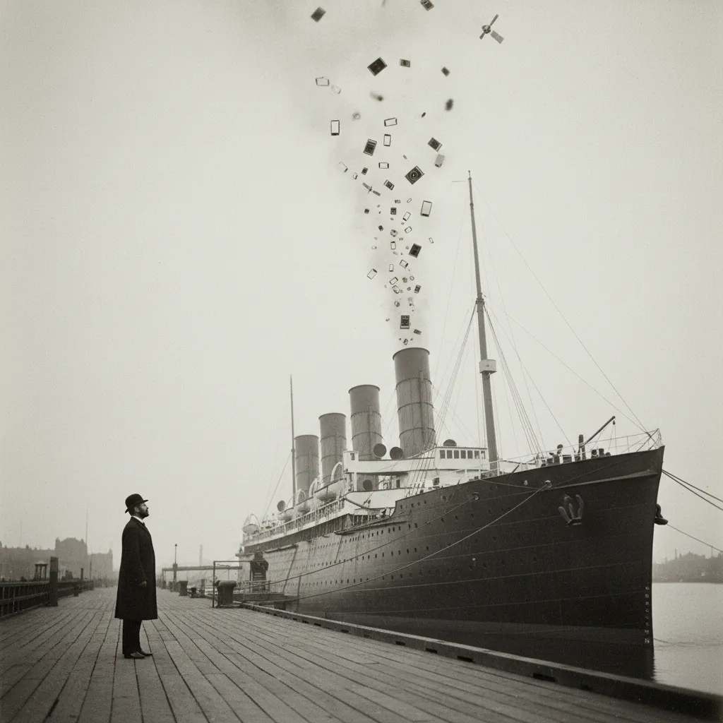 An archival-emulation black-and-white photograph of the SS Great Eastern in 1863, the iron steamship at full 692-foot length, docked at a Victorian pier — but the smokestacks of the steamship are exha