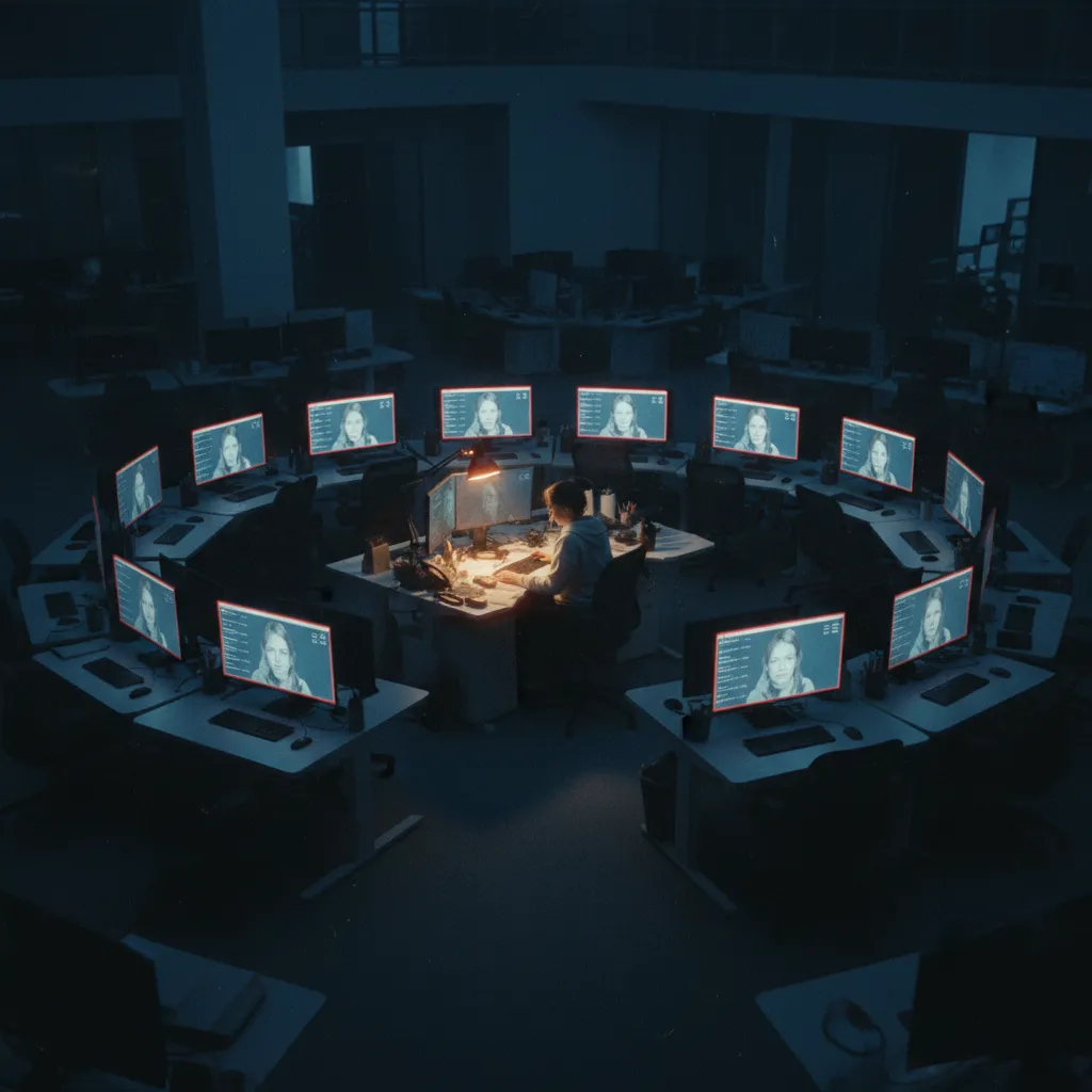 A 2025 Anthropic office floor at night. The senior engineer's desk in the corner is the only desk with the lamp on. The other 12 desks are arranged in a perfect arc around her position, all dark excep