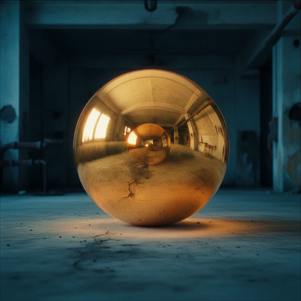 A cinematic photograph of the Golden Sphere in close range, perfectly polished gold, the warm amber light it emits casting a faint glow on the surrounding cold concrete floor. The Sphere is the only s