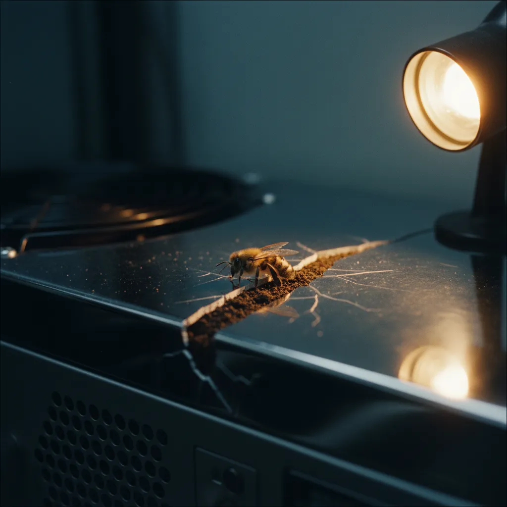 A close-up of a single bee resting on a chrome surface (HVAC compressor or server cooling unit) under a single warm work lamp, the bee unmoving, but the chrome surface beneath it is faintly cracking o
