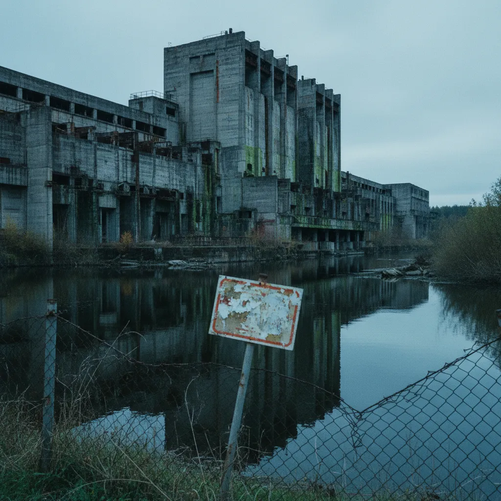 A cinematic photograph of the *Stalker* film set years after production, the same hydroelectric plant exterior, the river still running past, a faded production sign on a fence post barely legible. No