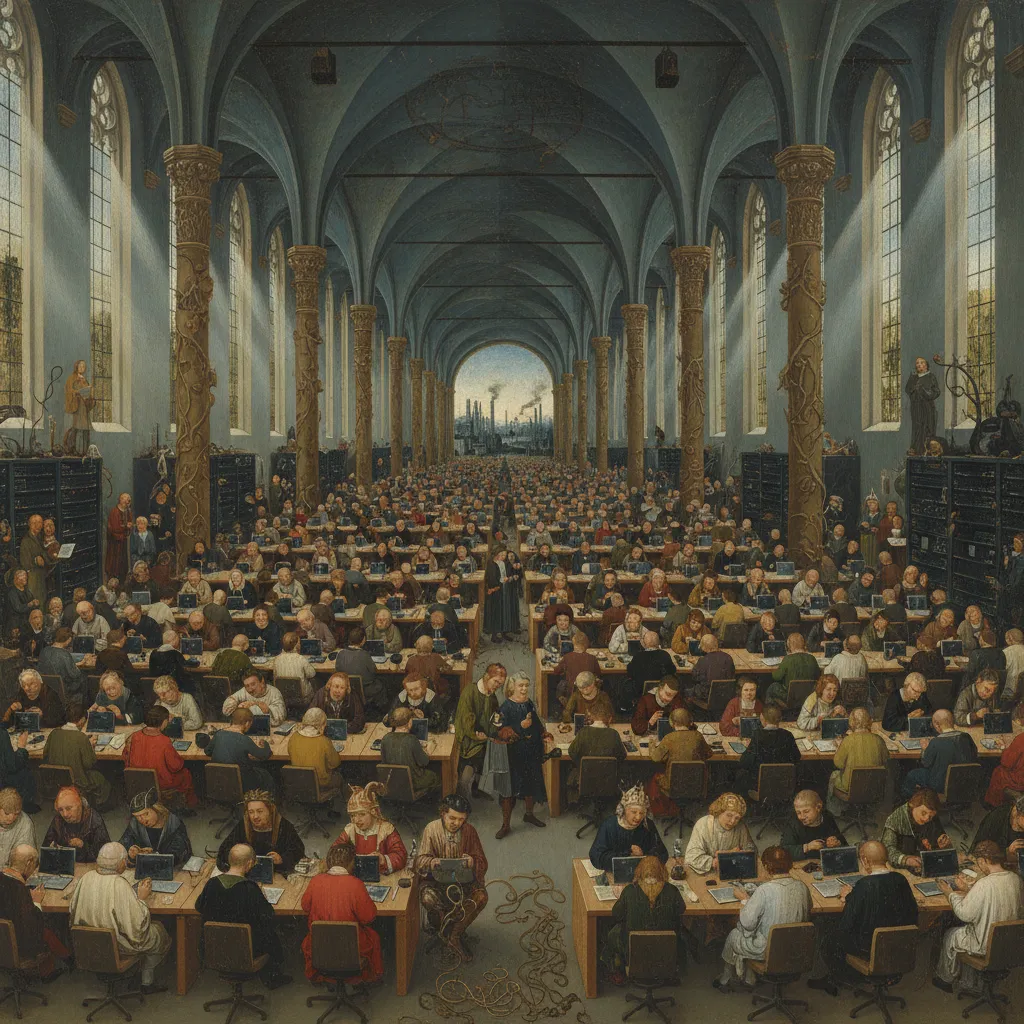 A Northern Renaissance painted Bruegel-coded scene of a 2026 same-aerial-view but each kitchen, each living room, each barbershop now shows a painted screen displaying a different unreadable image, ea