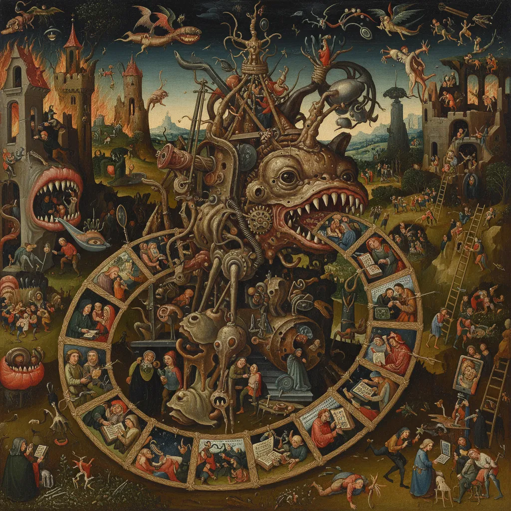 A Northern Renaissance painted Bruegel-coded street-corner scene where the Situationists have erected a painted constructed-situation — passersby pausing, lifted out of the painted everyday into a mom