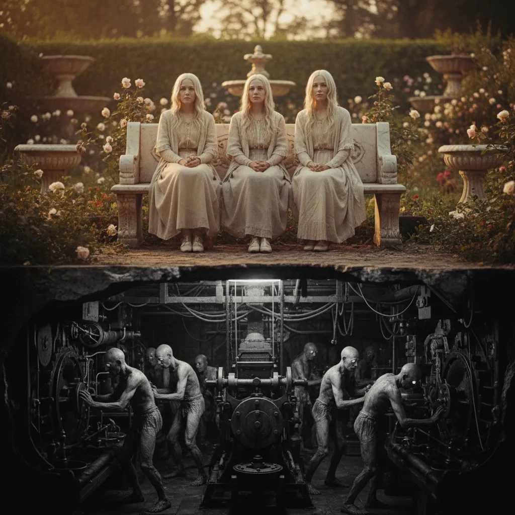 A Crewdson-staged tableau — a comfortable 1895 Eloi-style garden at golden hour, three pale-haired figures seated on a marble bench. Beneath the marble bench, faintly visible through a cutaway, a cram