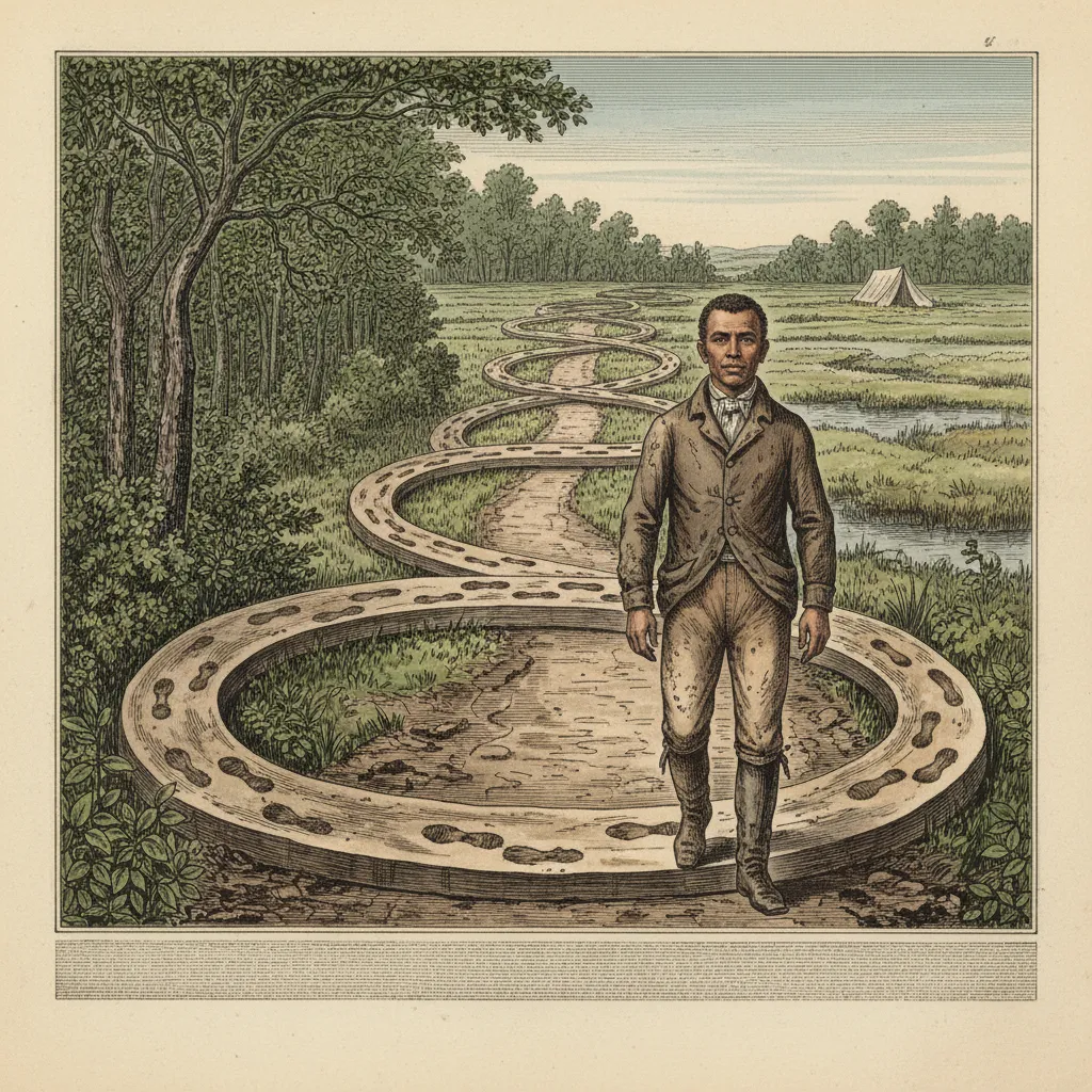 A 19th-century hand-colored topographical folio plate, a long survey-style path receding from a border treeline toward a distant base camp tent, rendered in copperplate engraving with fine hatching, a