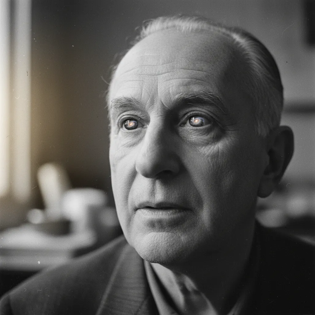 An archival B&W close-up portrait of Enrico Fermi at three-quarter angle, eyes mid-thought, mouth parted slightly mid-question — but reflected in his eyes are not the cafeteria but the empty night sky