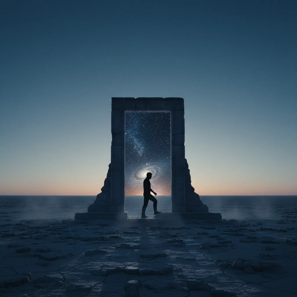 A wide cinematic photograph of a single human figure standing at the threshold of a stone doorway in the middle of an empty planetary field at dawn — the doorway opens onto deep space visible through 