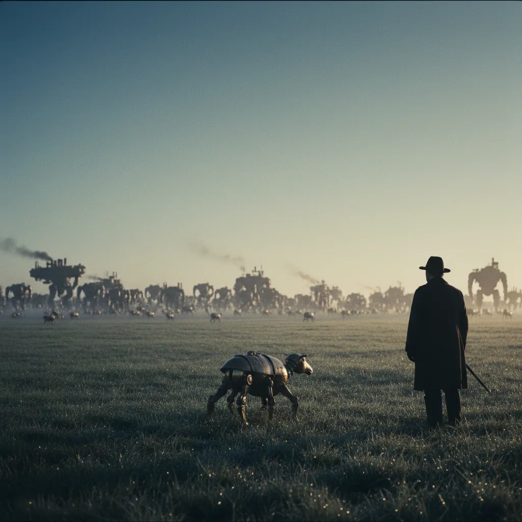 A wide cinematic photograph of a Victorian-era field at dawn, a single small brass-and-iron creature (the size of a sheep, scuttling on six articulated legs) crossing the wet grass — but in the deep m