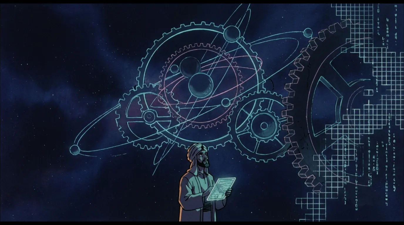 A seated figure regarding two faint overlapping outlines — a man and a butterfly — neither settled, in an indigo void lit cyan. To one side, the suggestion of a cave wall where shadow-shapes move. One
