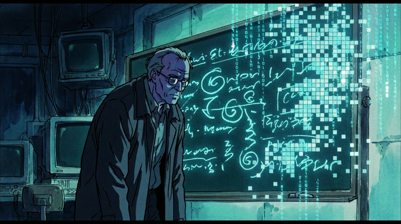 A vast cyan clockwork orrery of interlocking gears and planet-spheres drawn in light, filling an indigo void. A small astronomer, a Middle Eastern man, stands beneath it, dwarfed. One gear at the edge