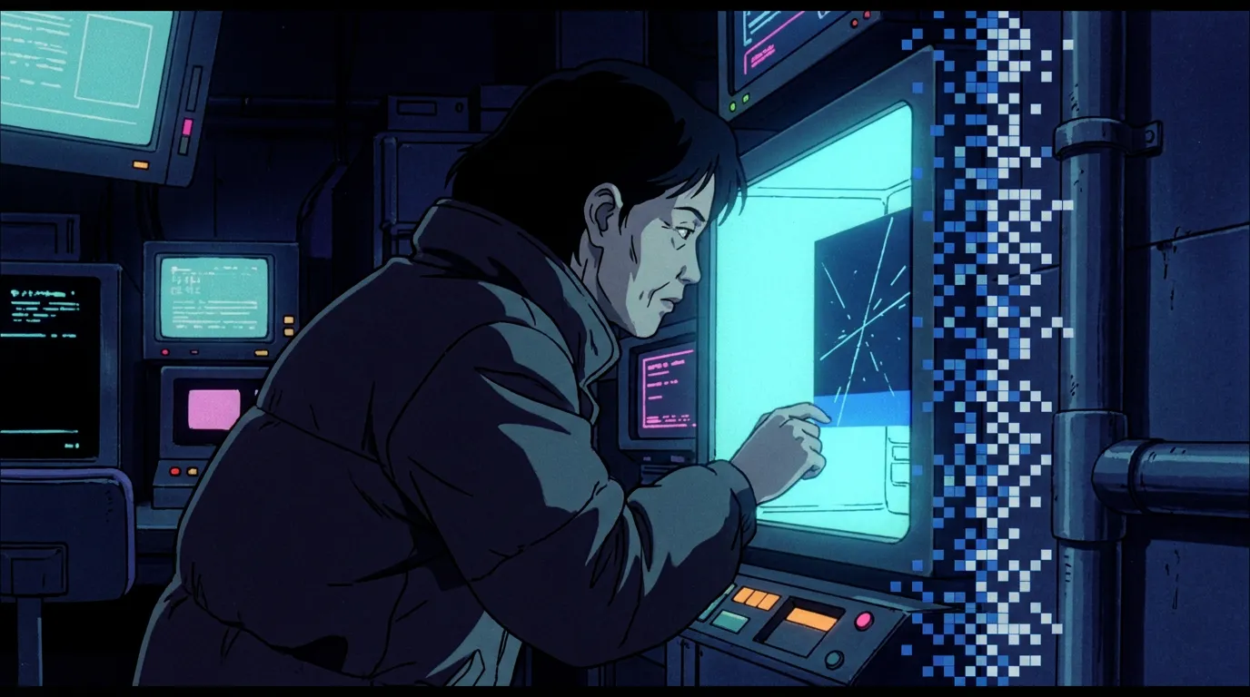 An older white man, a physicist, at a dark chalkboard covered in glowing cyan marks that are illegible. Behind him reality is rendered as a field of cyan bits. Part of the chalkboard derezzes into a p