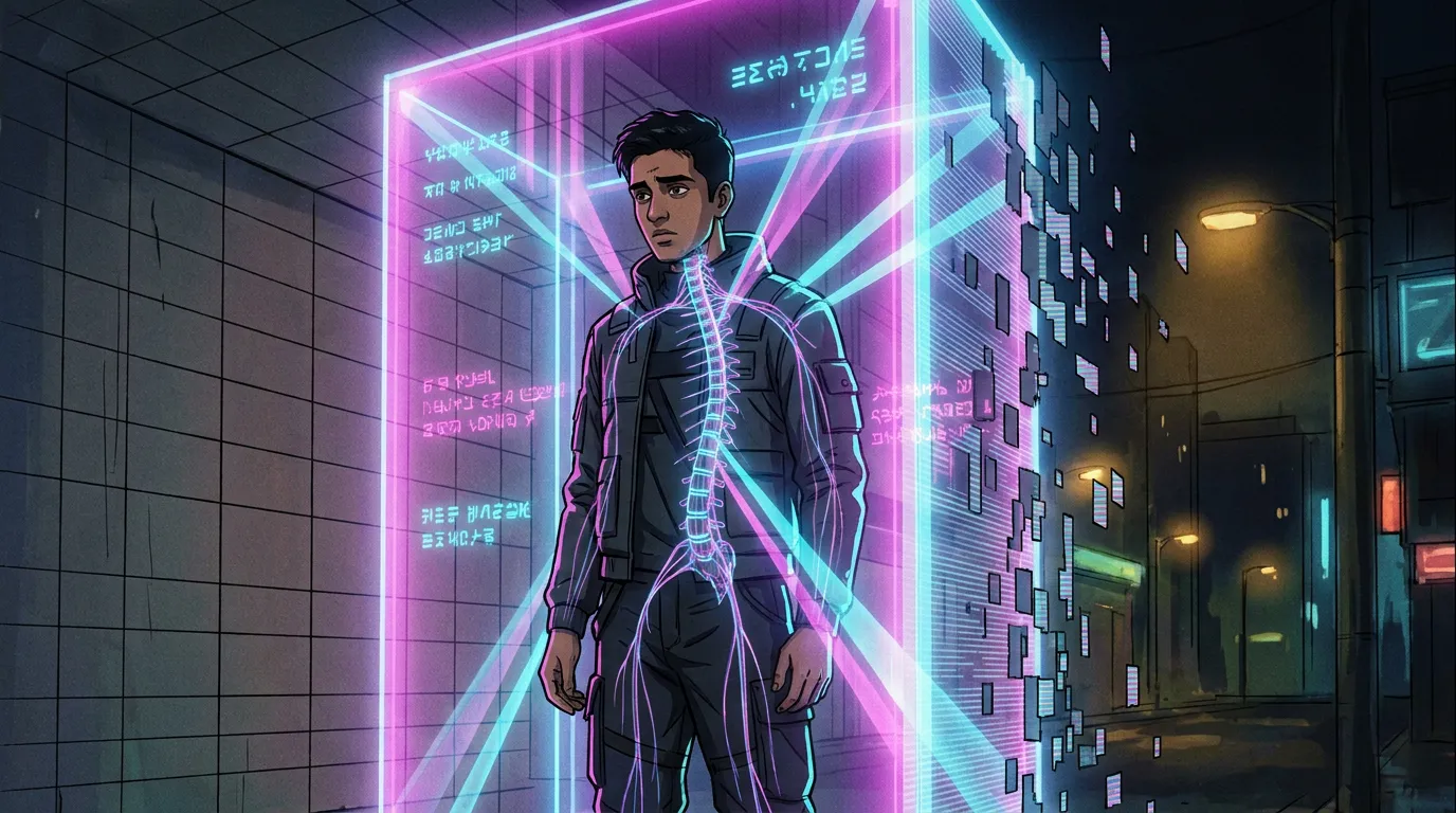 A cognitive scientist, a white man, before a glowing magenta-and-cyan screen showing two competing organisms. Beside it a floating desktop-interface of friendly icons hovering over hidden cyan circuit