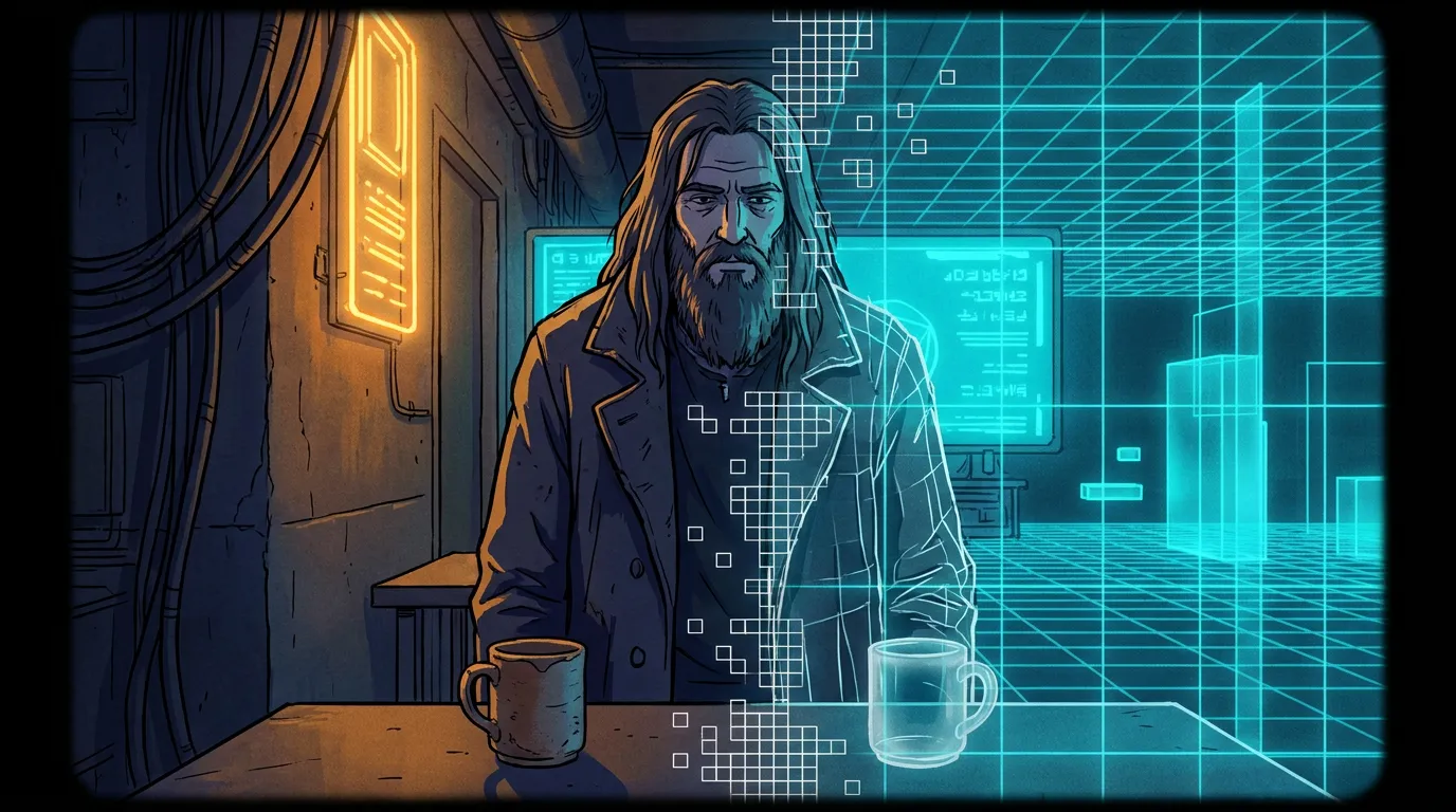 A humanoid robot learning to walk inside a glowing sodium-amber simulation-box. Beyond it, a small simulated town of tiny agent-figures going about their lives. A faint watching eye above. Derez at th