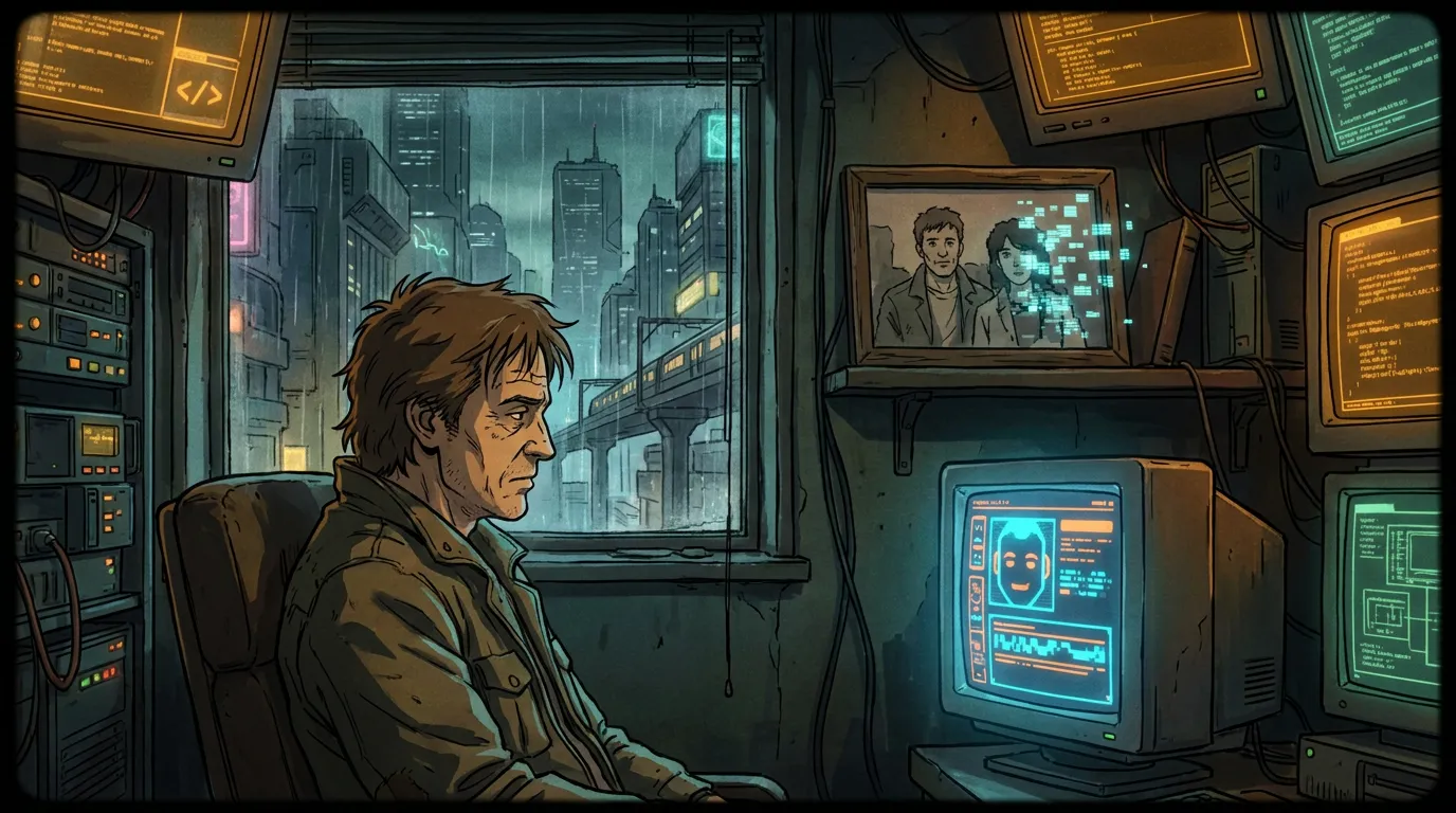 A philosopher, a long-haired man, standing at a seam where a physical world (left, solid amber) meets a virtual world (right, glowing cyan). On a table between them sit a physical object and its ident