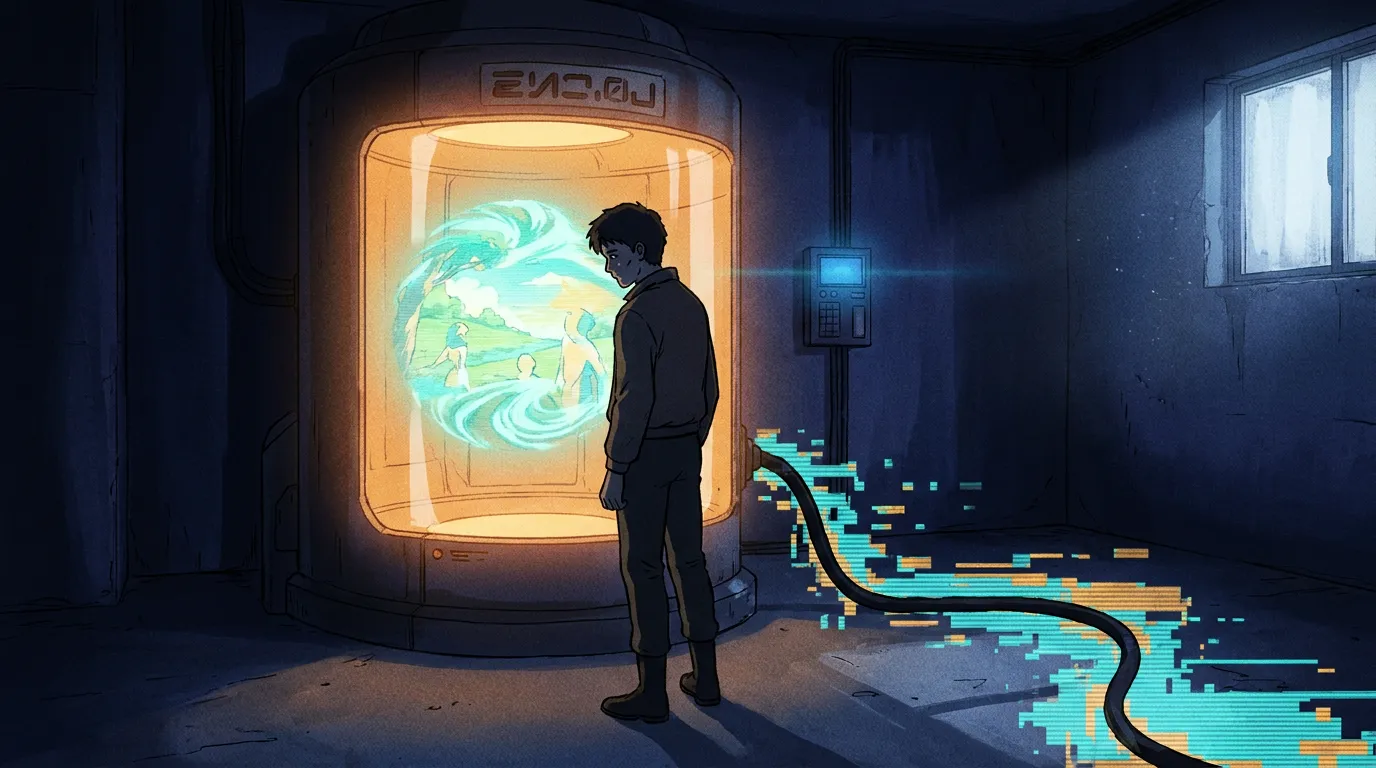 A middle-aged white man alone in a sodium-amber-lit room at night, in steady conversation with a glowing chatbot-face on a screen. Behind him the open web tiles into machine-written glowing pages. A f